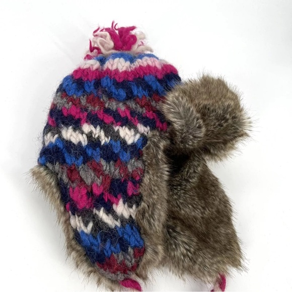 American Eagle Trapper Hat Pink Blue Wool Alpaca Knit Faux Fur Lined Tassels - Picture 2 of 12